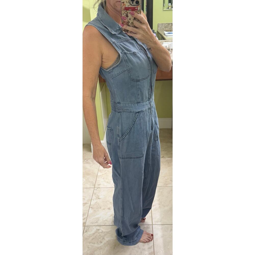 Free People sleeveless denim zip jumpsuit size 10 wide leg drop waist vintage - Picture 3 of 6